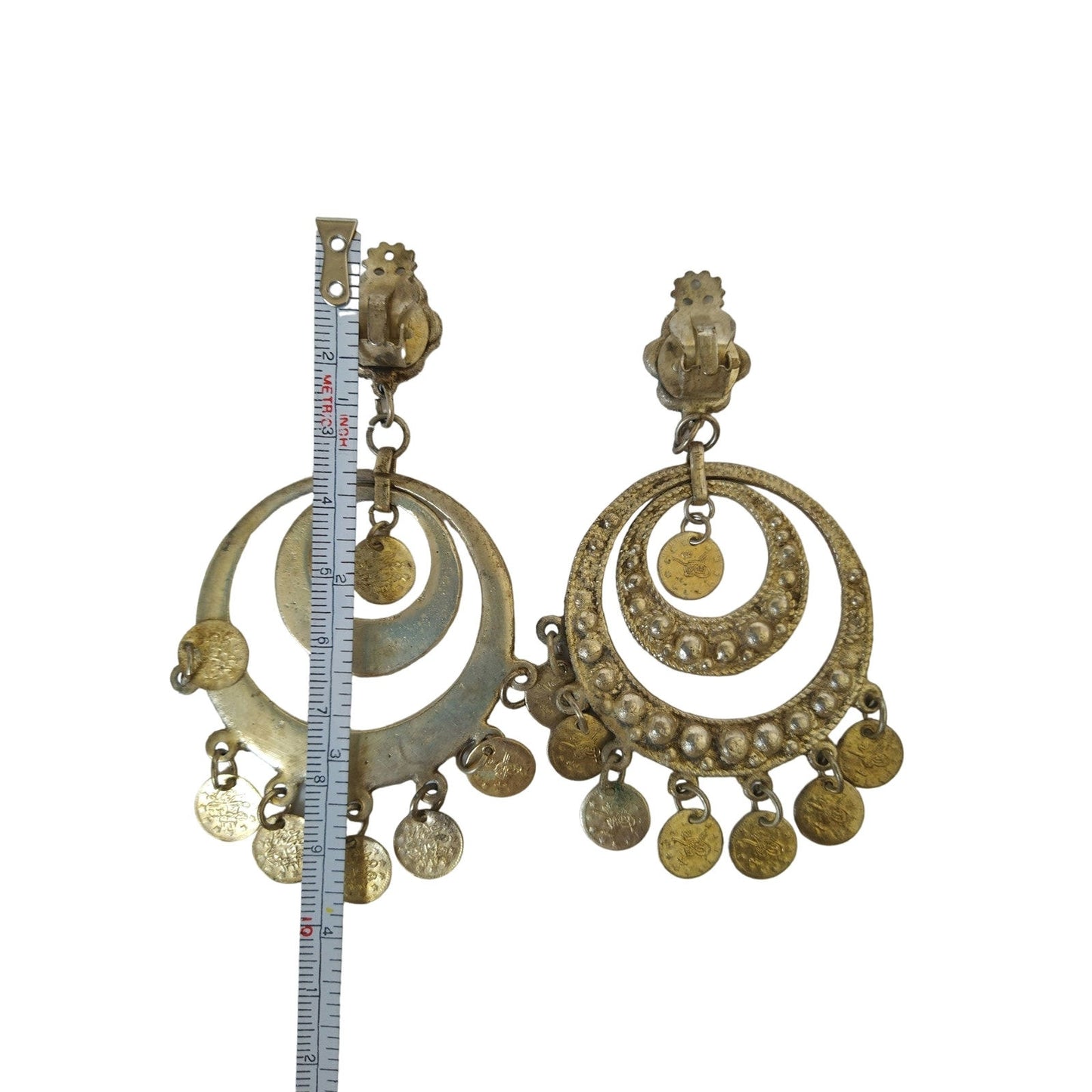 Vintage Arabic Coin Chandelier Earrings Dangle Clip On Oriental Silver Tone