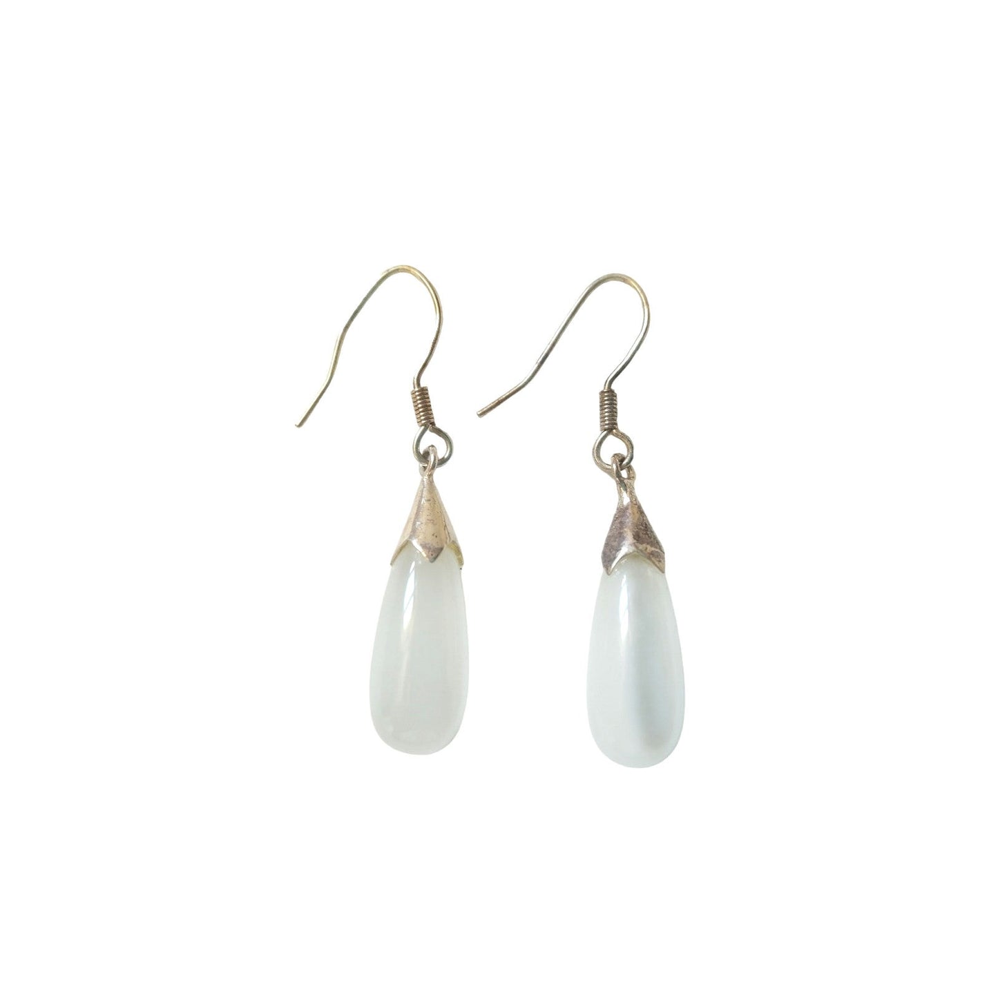 Elegant White Cats Eye Teardrop Dangle Earrings Solid Sterling Silver 925 Hook