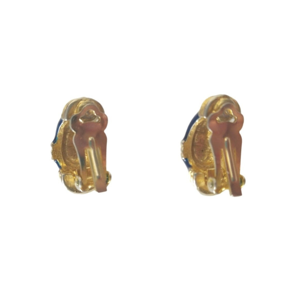 Vintage Navy Blue Enamel Cuffs Domed Stud Earrings Gold Tone Clip On