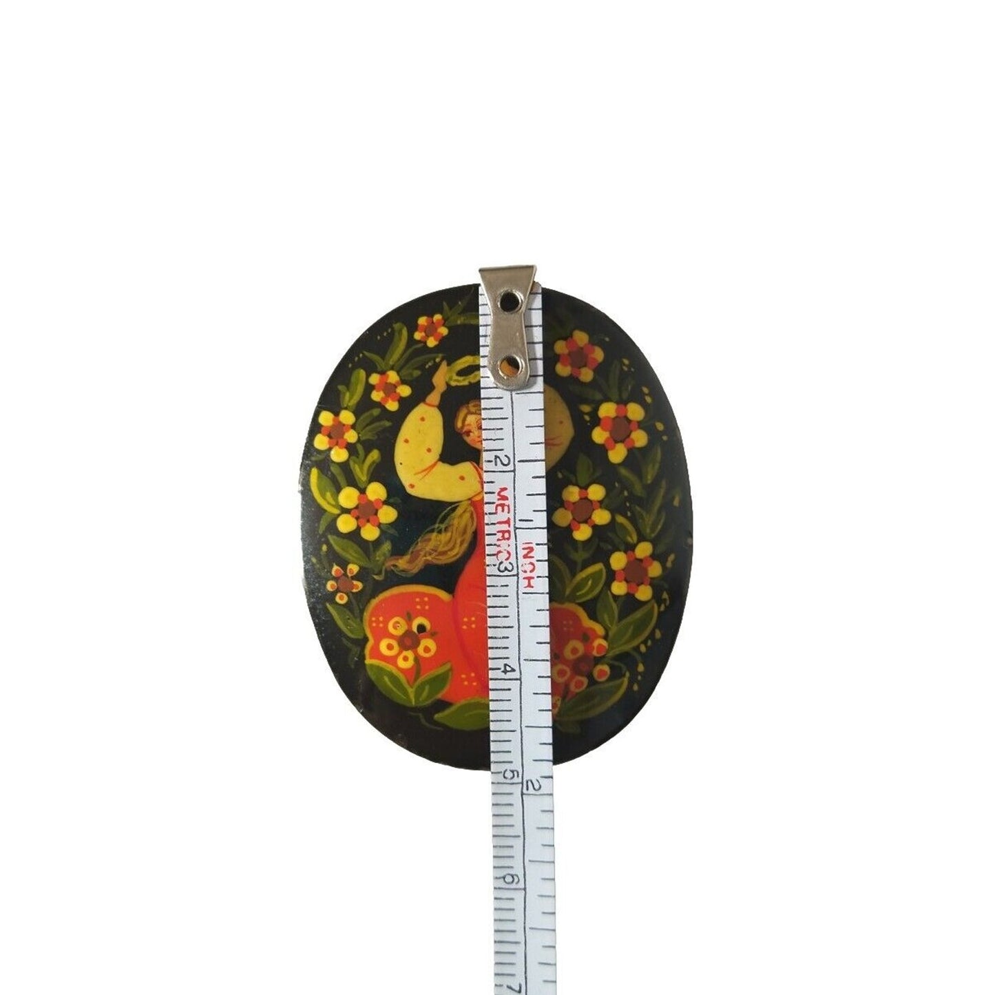Vintage Women's Brooch Pin Russian Lady Flowers Black Enamel Fairytale Palekh