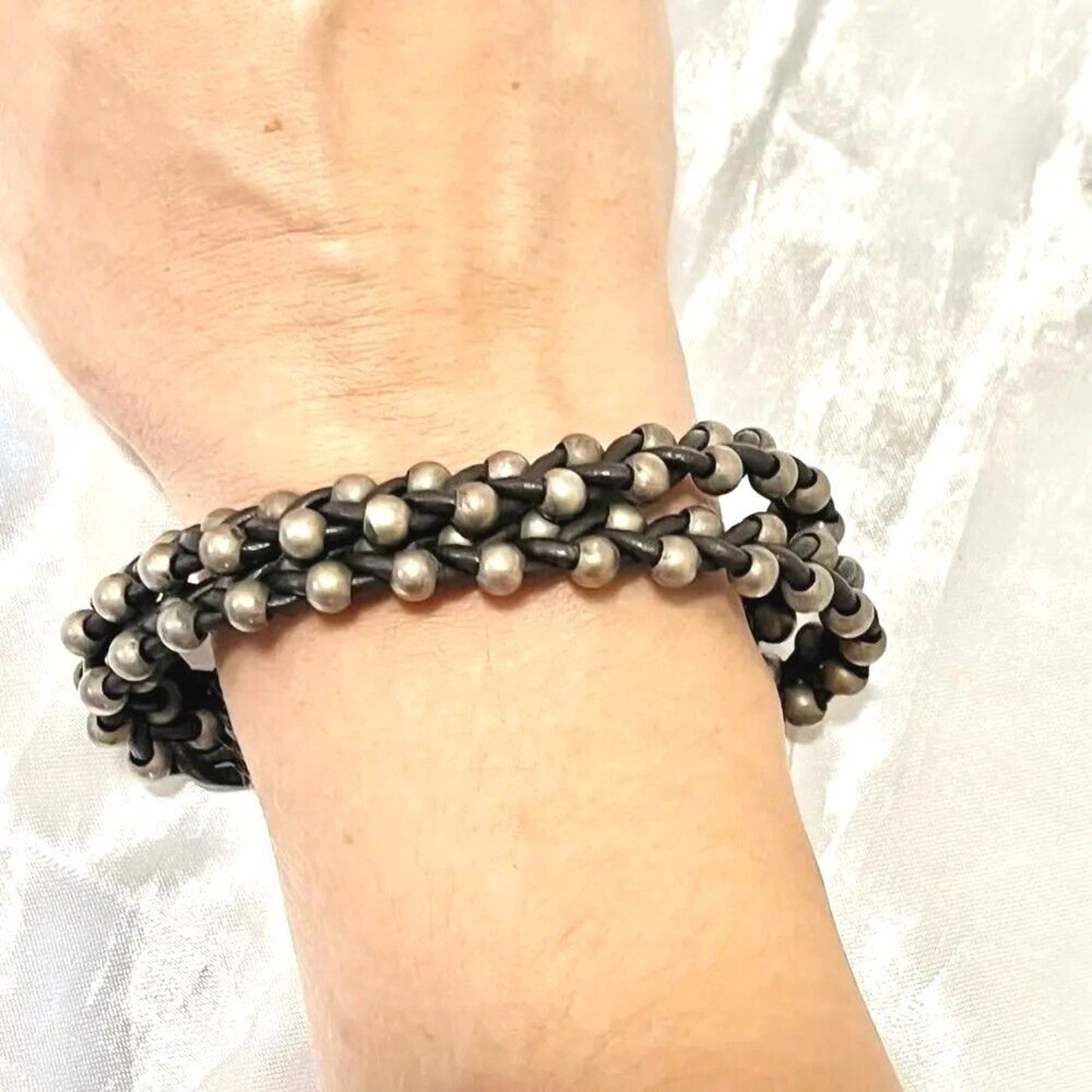 Uno De 50 Silver Beaded Bracelet Unisex Men's Women's Double Dark Brown Leather