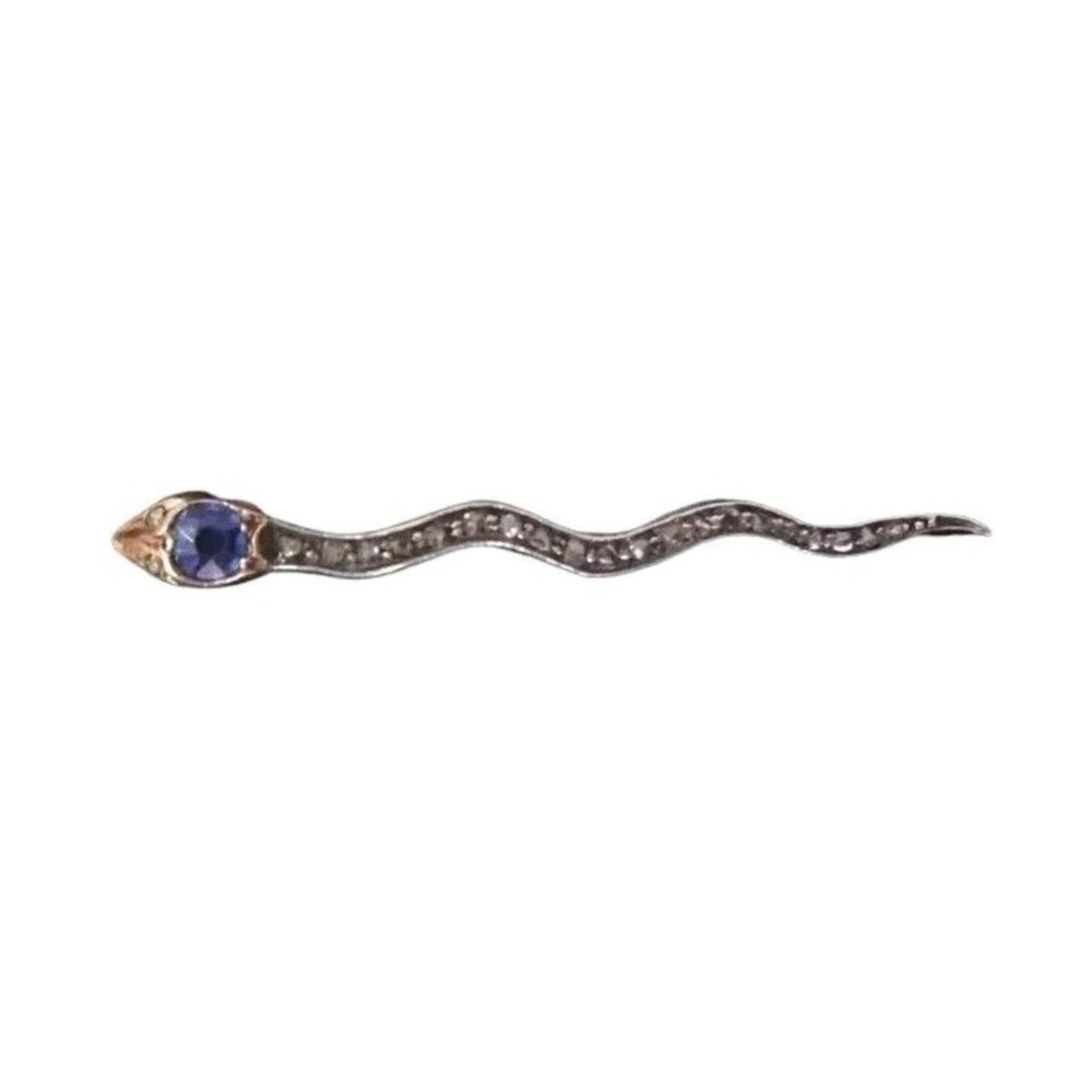Antique Snake Brooch Pin Round Cut Blue Sapphire Diamonds 14K White/Yellow Gold