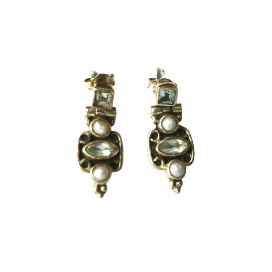 Princes & Marquise Cut Blue Topaz & Pearl Dangle Earrings Sterling Silver 925