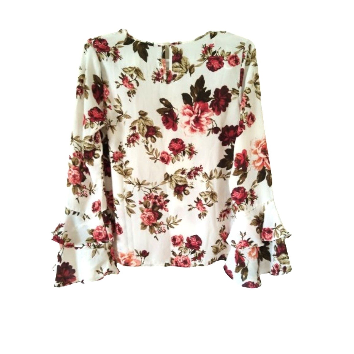 Ambiance white red Floral roses long bell sleeve women's blouse S