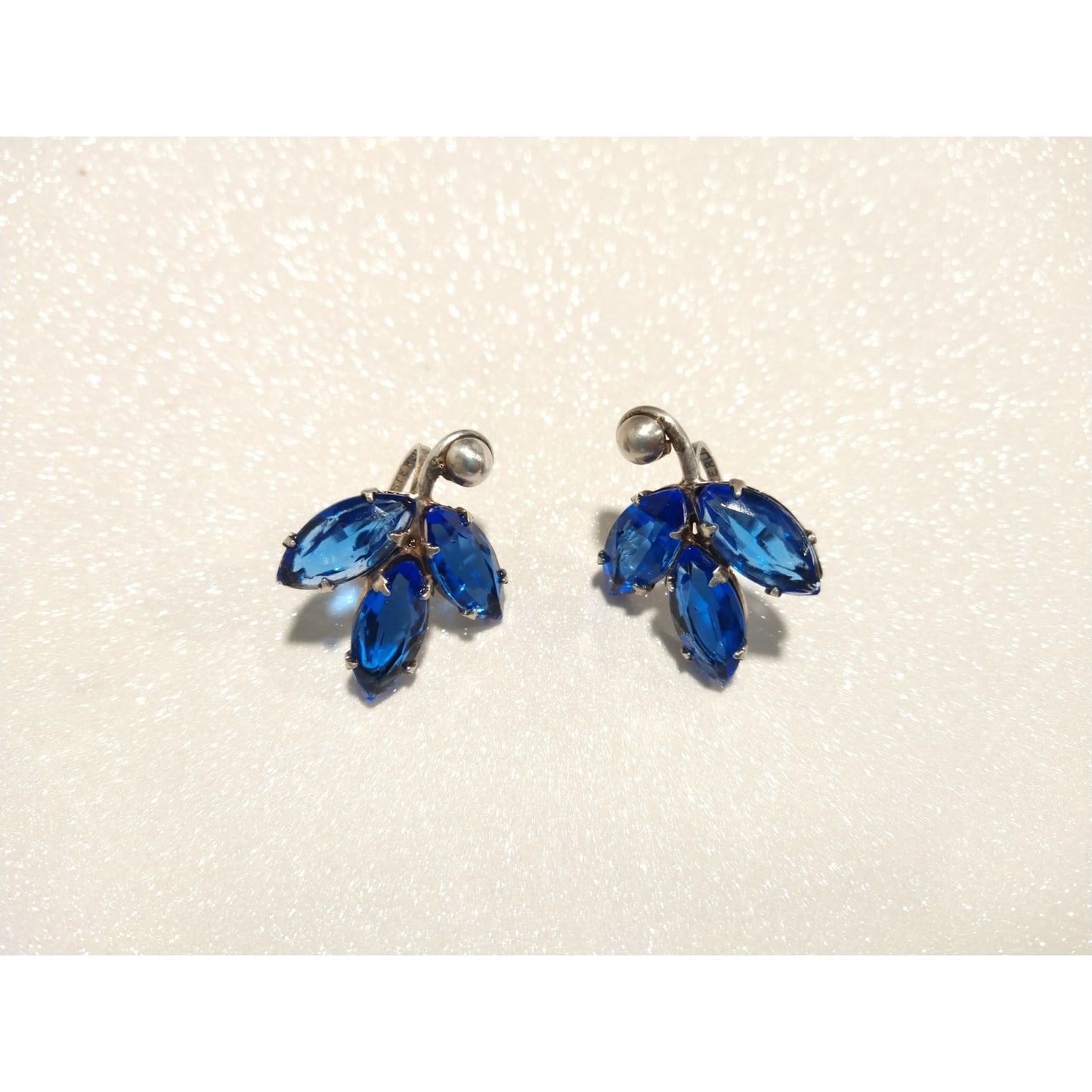 Vintage Blue Crystal Marquise Cut Solid Sterling Silver 925 Stud Earrings