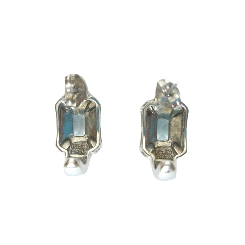 Emerald Cut Blue Topaz Crystals Cuff Stud Earrings Sterling Silver 925 Post