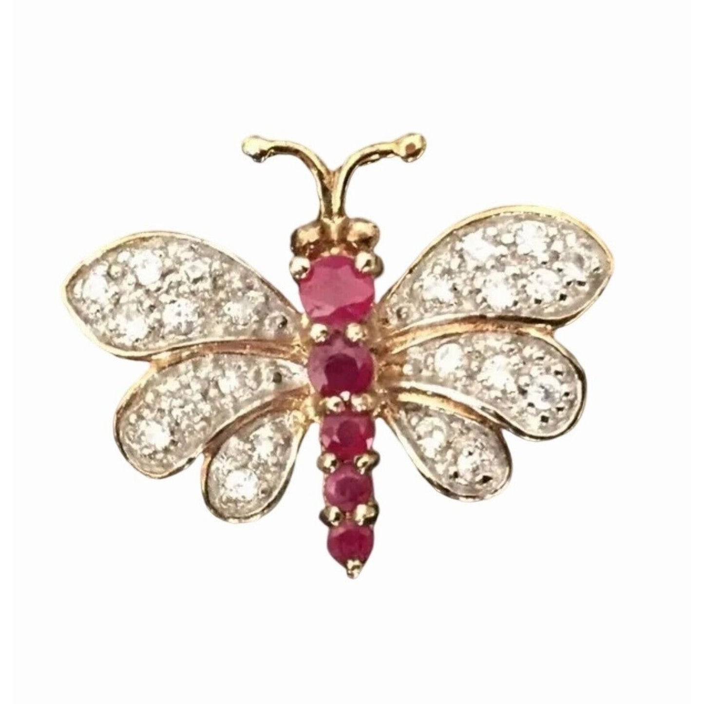 Brooch Pin Vintage Butterfly Ruby & Crystals, Vermeil Gold over Sterling Silver
