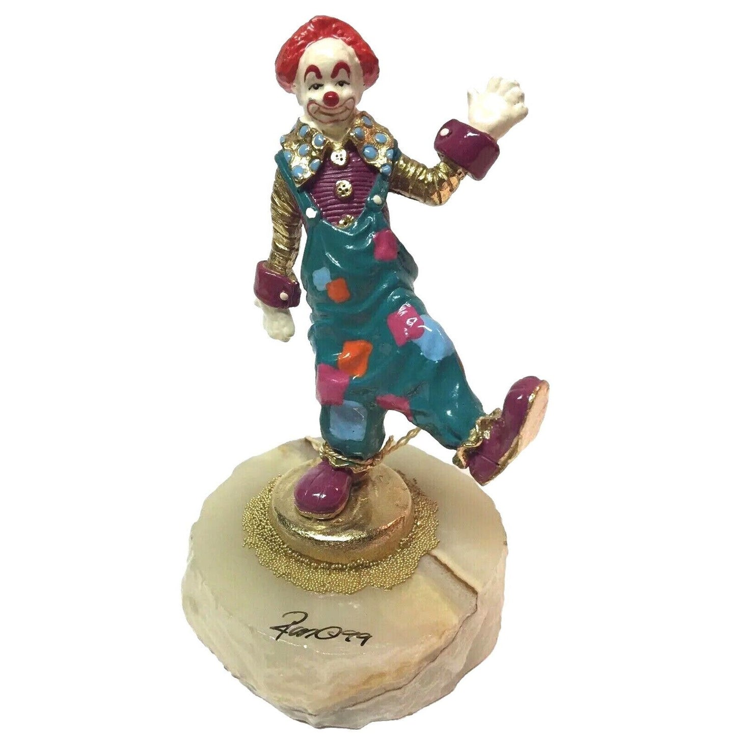 Ron Lee Signed Clown Figurine, Bronze Enamel on Onyx, 1999