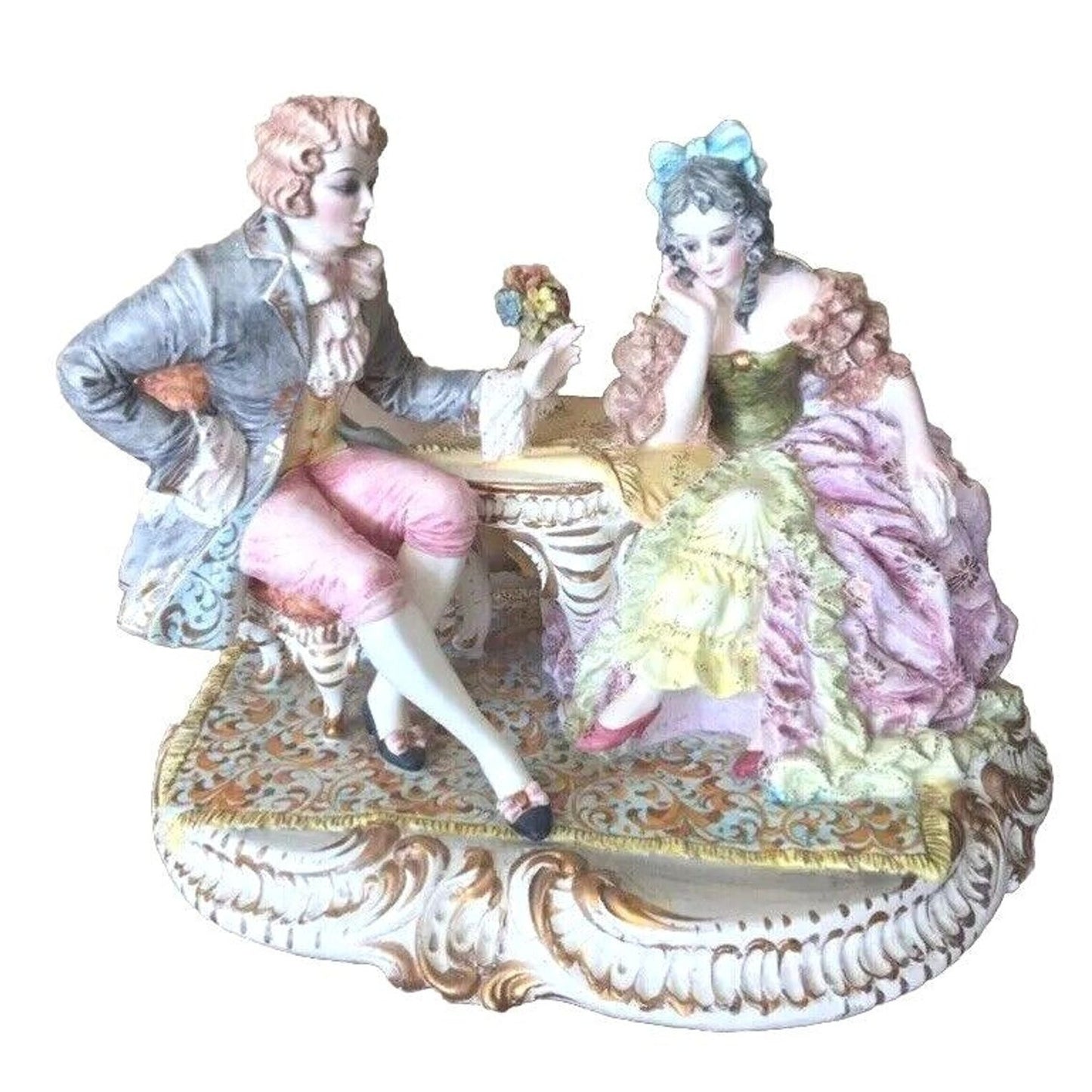 Antique Rococo Majolica Porcelain Figurine Lady And Gentleman Italy