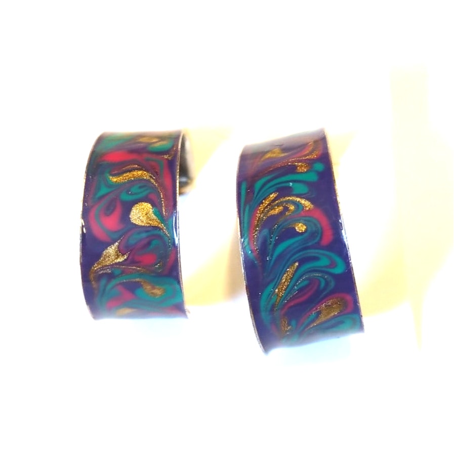 Vintage 80s Swirl Enamel C Hoop Earrings Half Hoops Studs Purple Green Gold