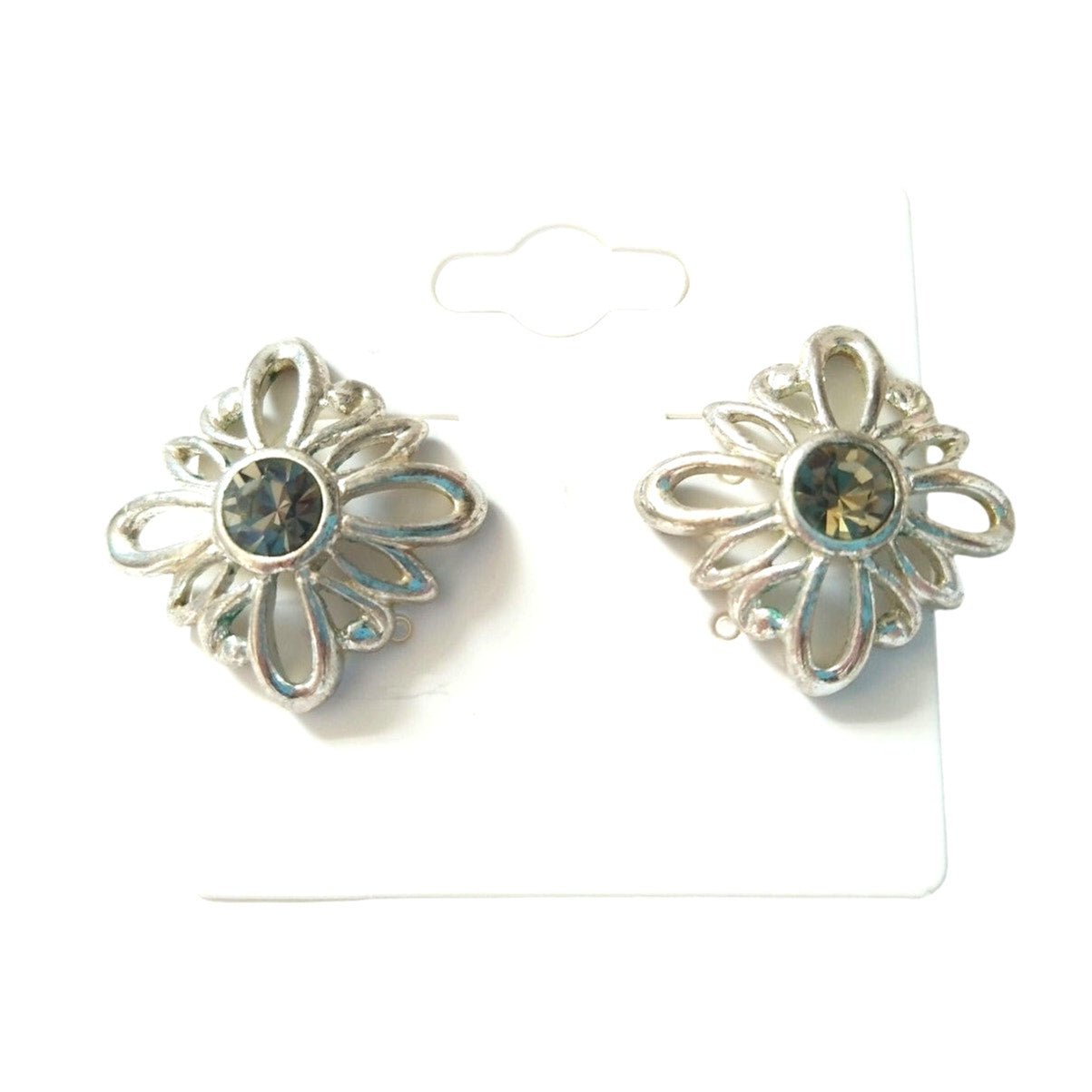 Vintage Black Rhinestones Flower Stud Earrings Silver Tone Post