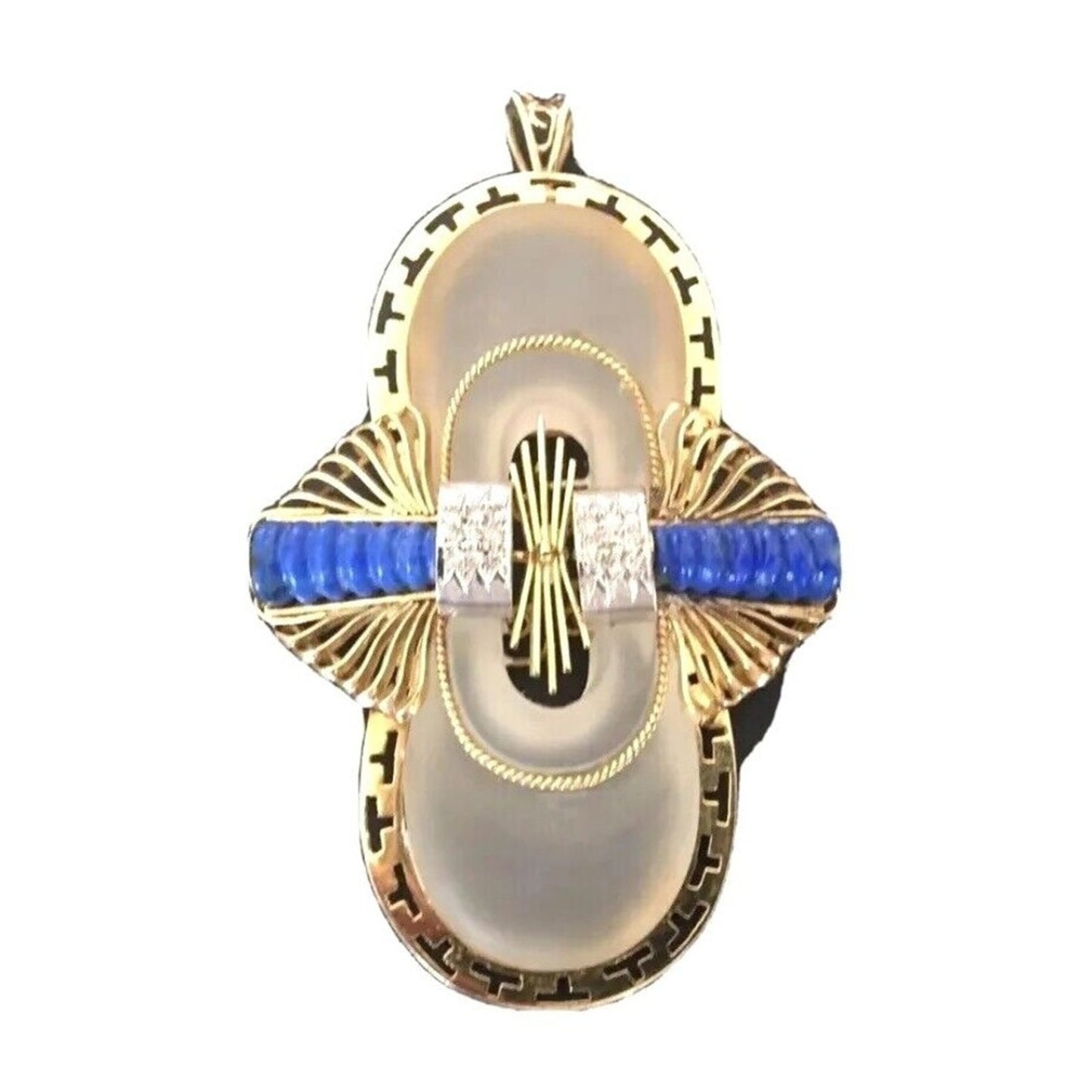 Pendant Brooch 585/14K Yellow Gold White Quartz Lapis Lazuli Diamonds Antique