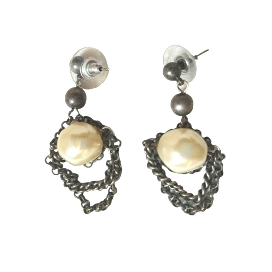 Vintage Punk Faux Pearls In Chains Dangle Earrings Posts