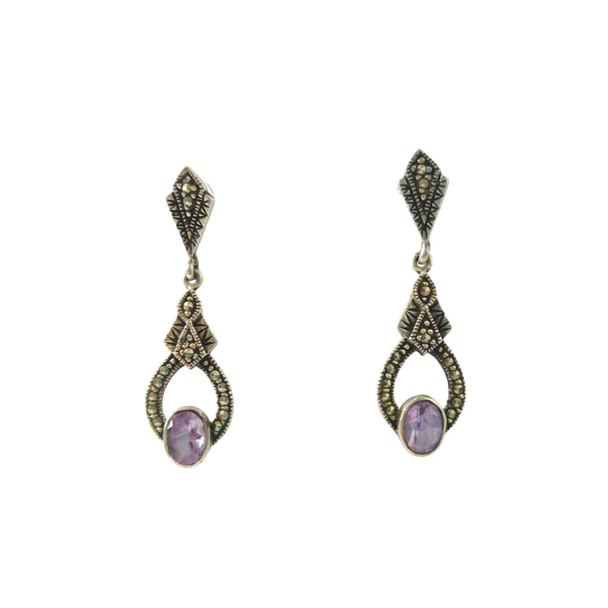 Art Deco Oval Cut Amethyst & Marcasite Dangle Earrings Sterling Silver 925 Post