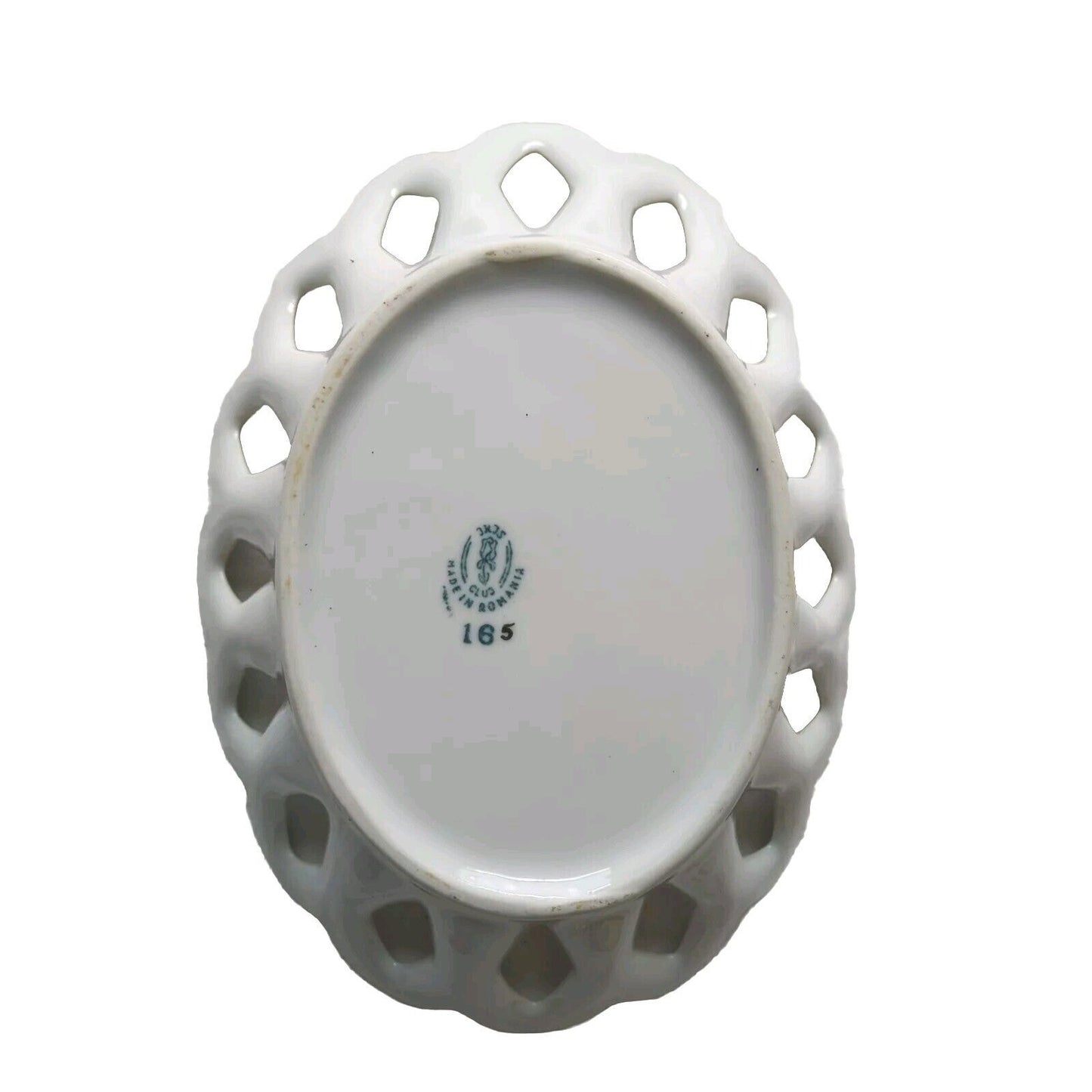 JRJS CLUJ Reticulated Oval Bowl Porcelain Fine China Gold rim Romania Sunflower