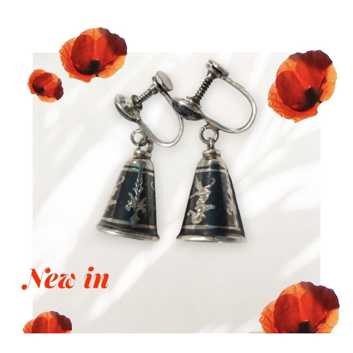 925 Sterling Silver Vintage Siam Niello Hindu Goddess Bell Screw Back Earrings
