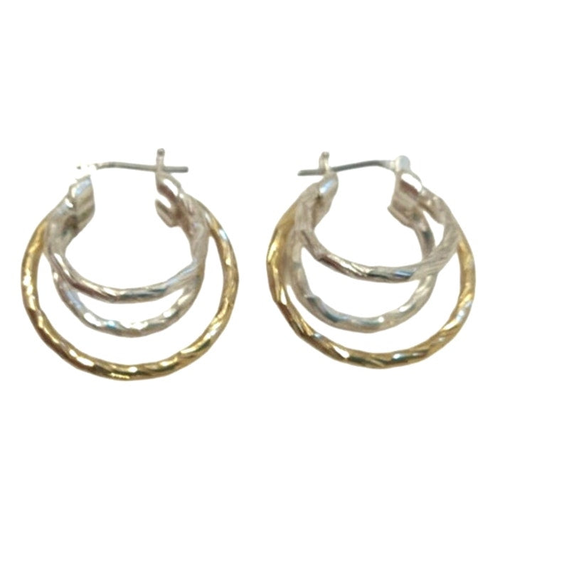 Vintage Yellow Gold & Silver 2 Tone Triple Circle Huggie Earrings Hoop