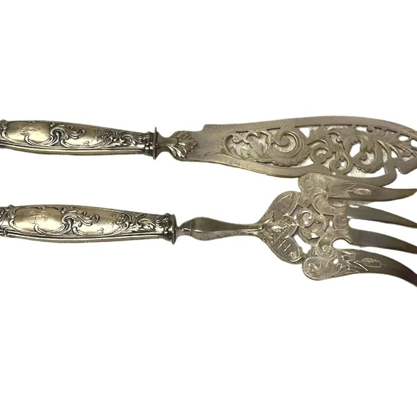 GORGEOUS Antique Sterling Silver French Victorian Serving Fork & Knife Set c1880