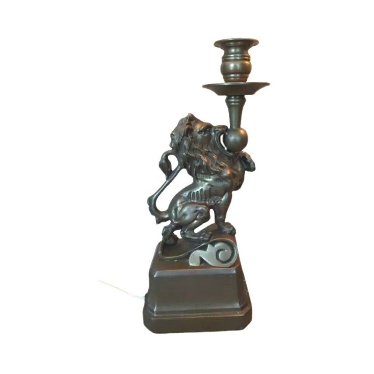 Art Deco French Table Lamp Brass Figural Prancing Lions Candelabra Black Shades