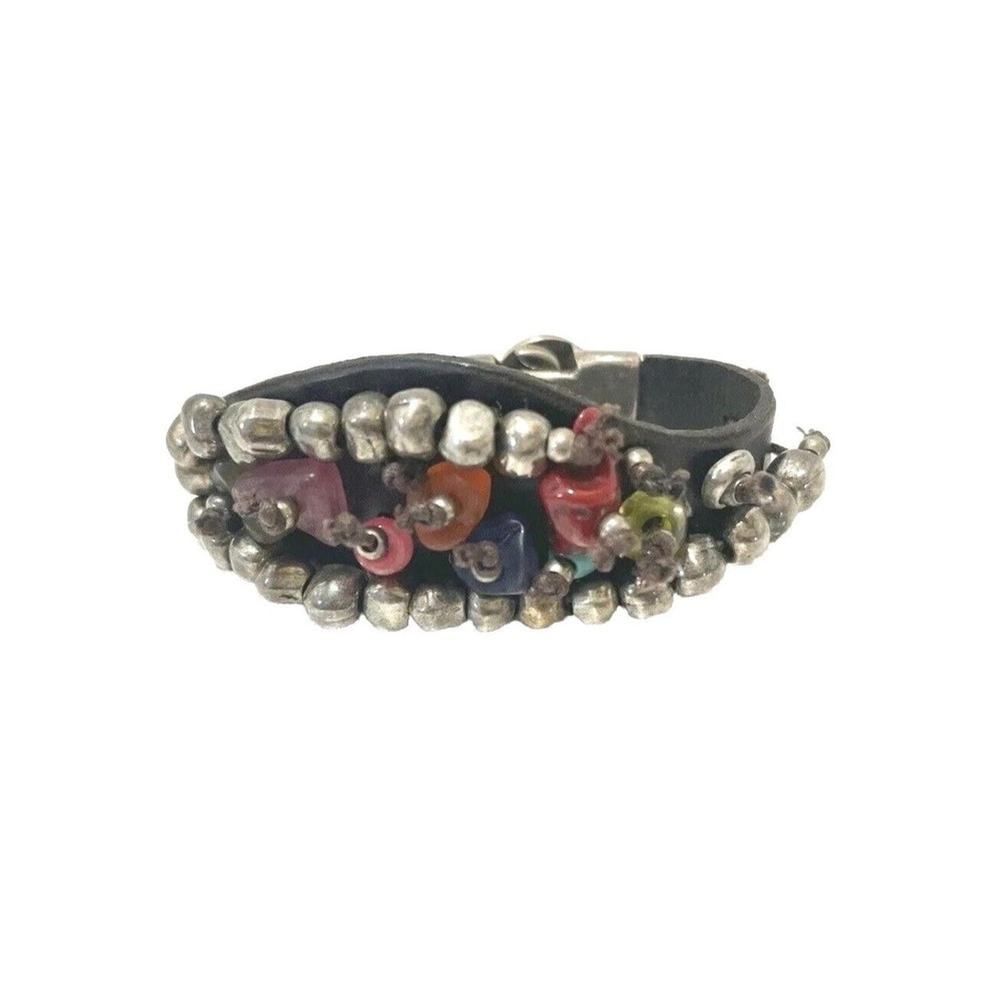 Uno De 50 Bracelet Gemstones Silver Beaded Brown Leather Unisex Men's Women's