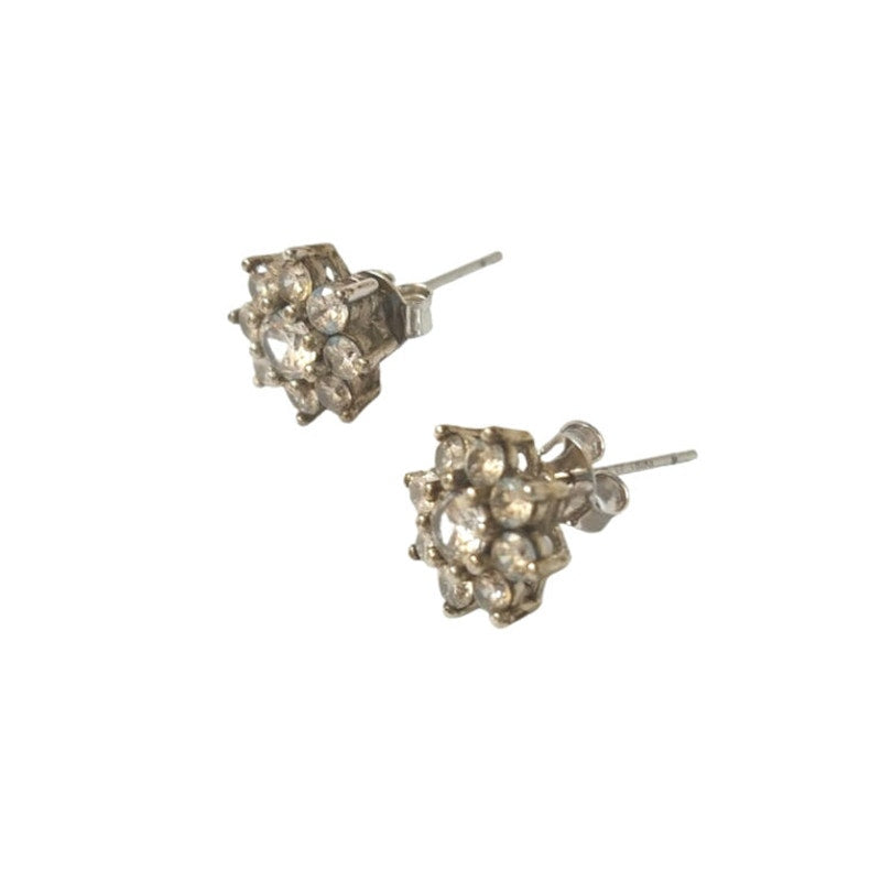 Daisy Round Cut Clear Rhinestones Flower Stud Earrings Sterling Silver 925