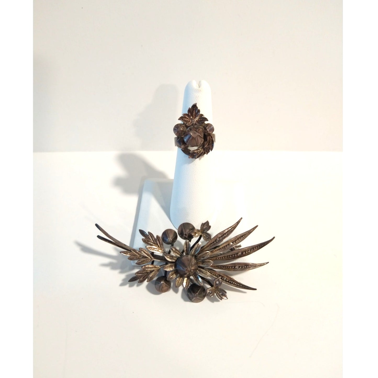 Victorian Antique Austrian Branch Brooch Ring Set Rose Cut Diamond Silver Leaf