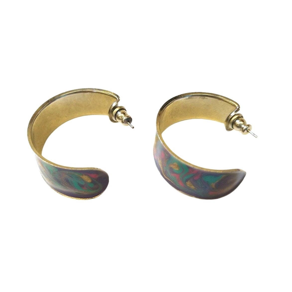 Vintage 80s Swirl Enamel C Hoop Earrings Half Hoops Studs Purple Green Gold