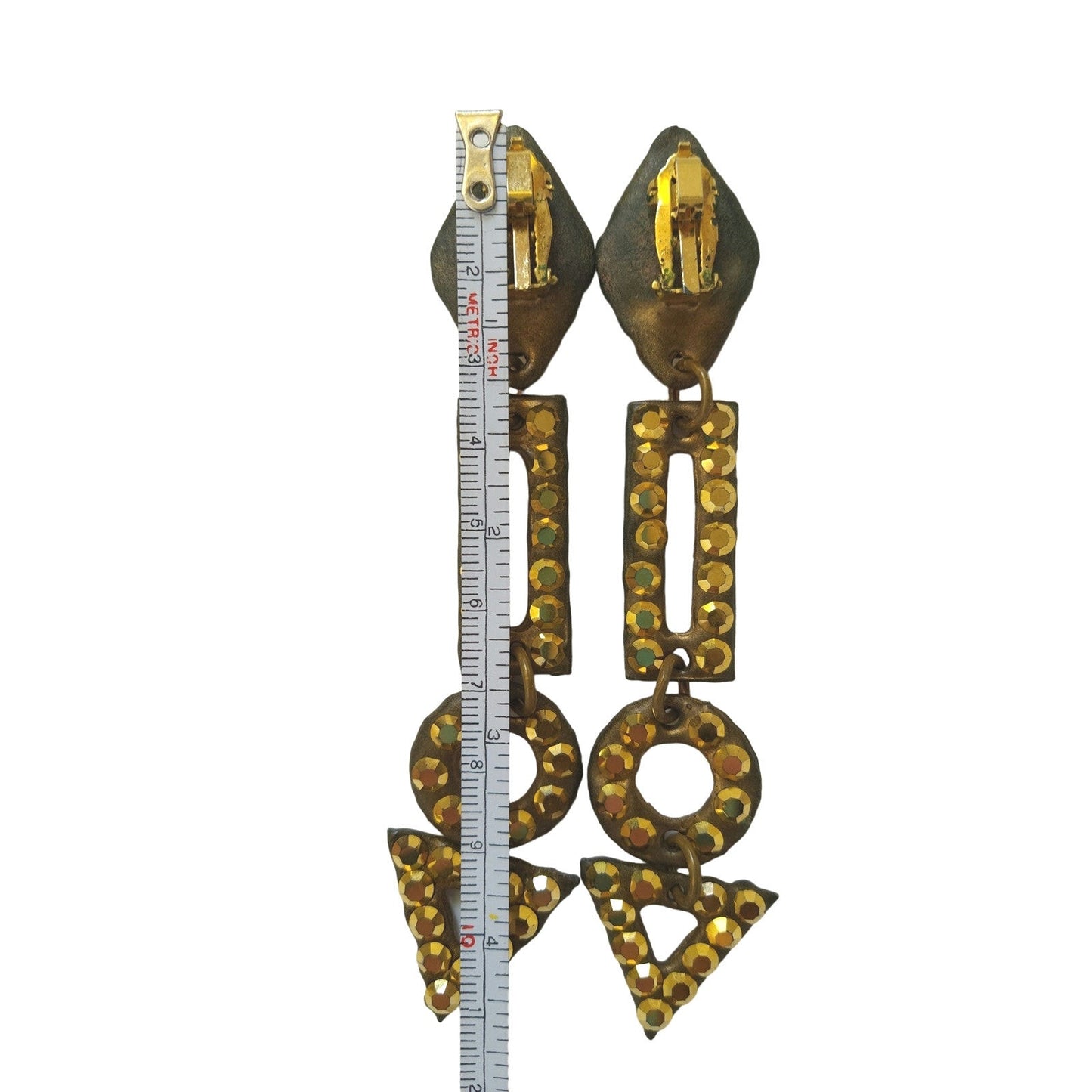 Vintage Gold Tone Paved Rhinestone Geometric Dangle Earrings Clip On