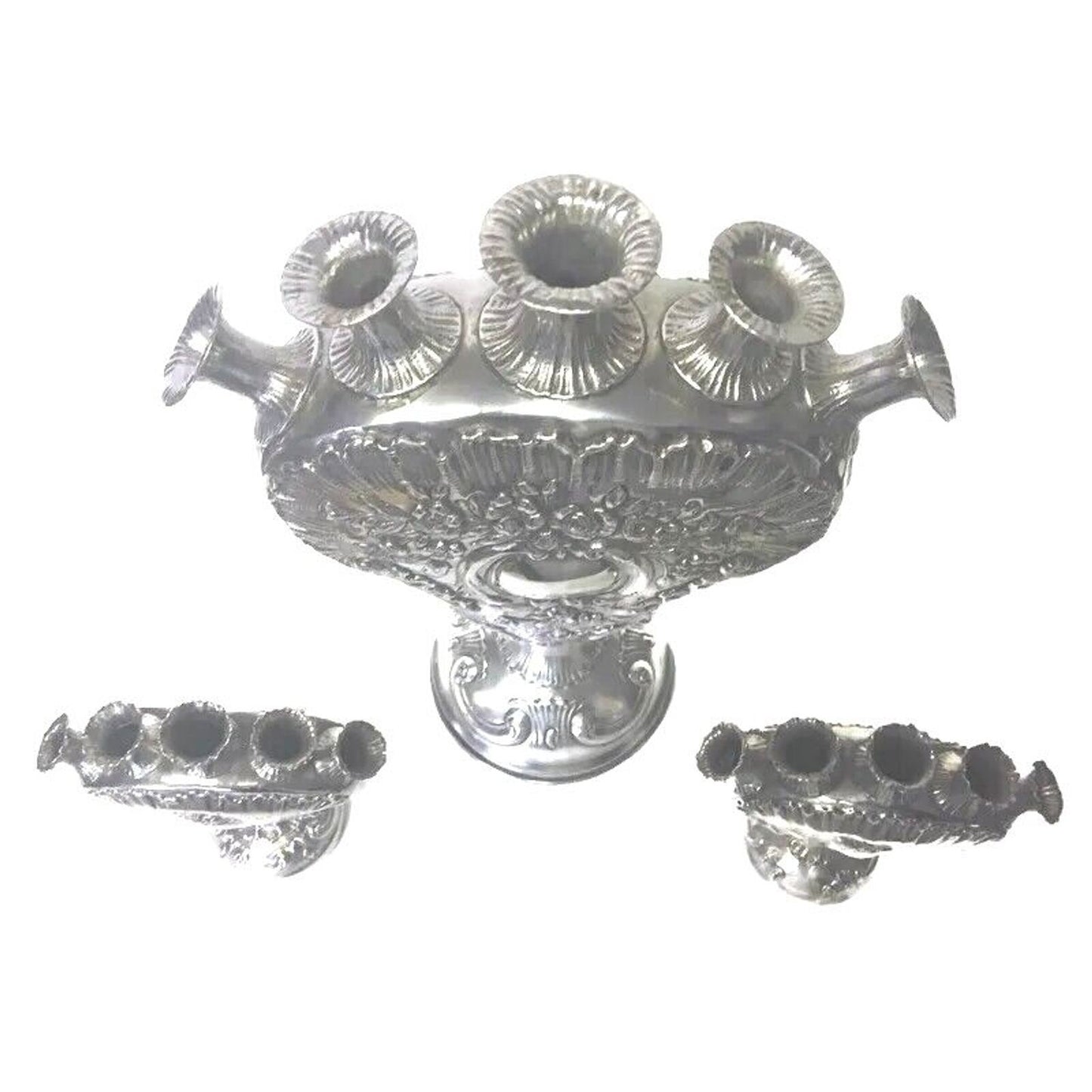 Rare Antique Set of 3 Ornate Rose Vases - Hanau Silver German Rococo 1800s