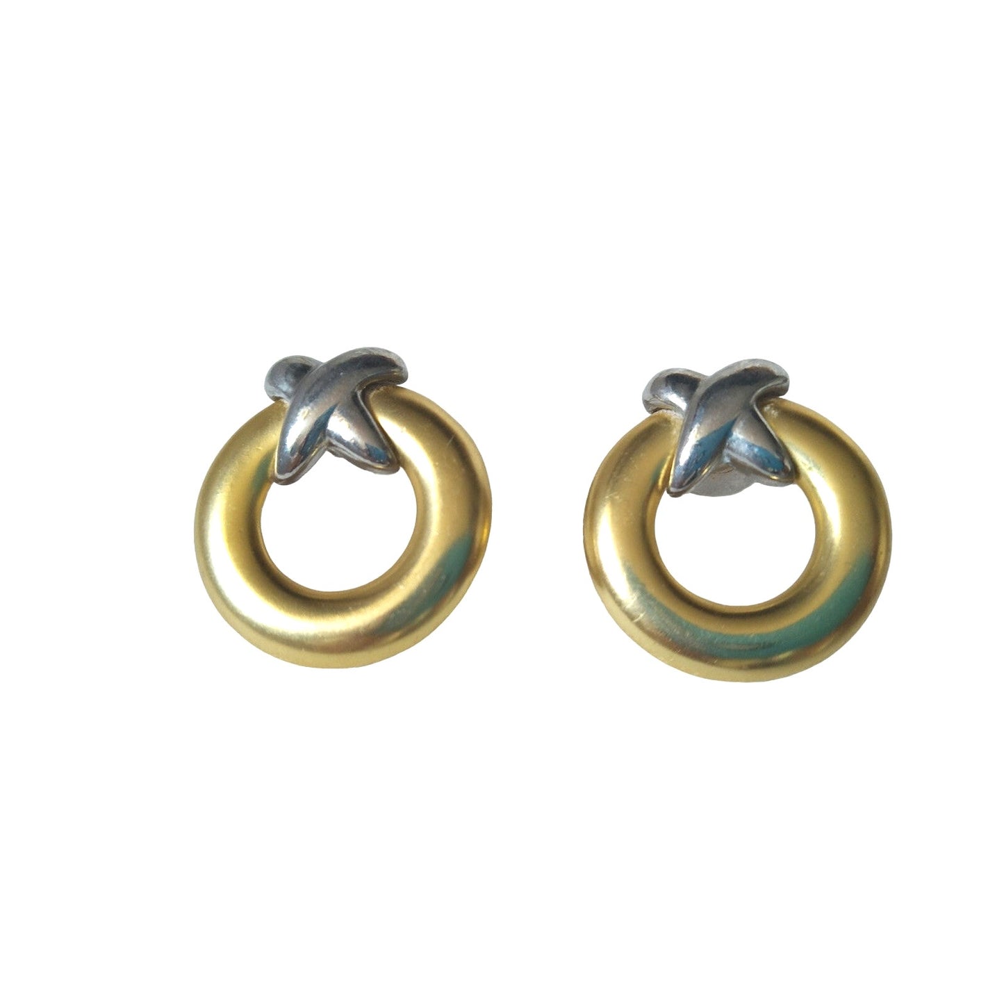 Vintage XO Gold & Silver Plated Hoop Circle Earrings Screw Back