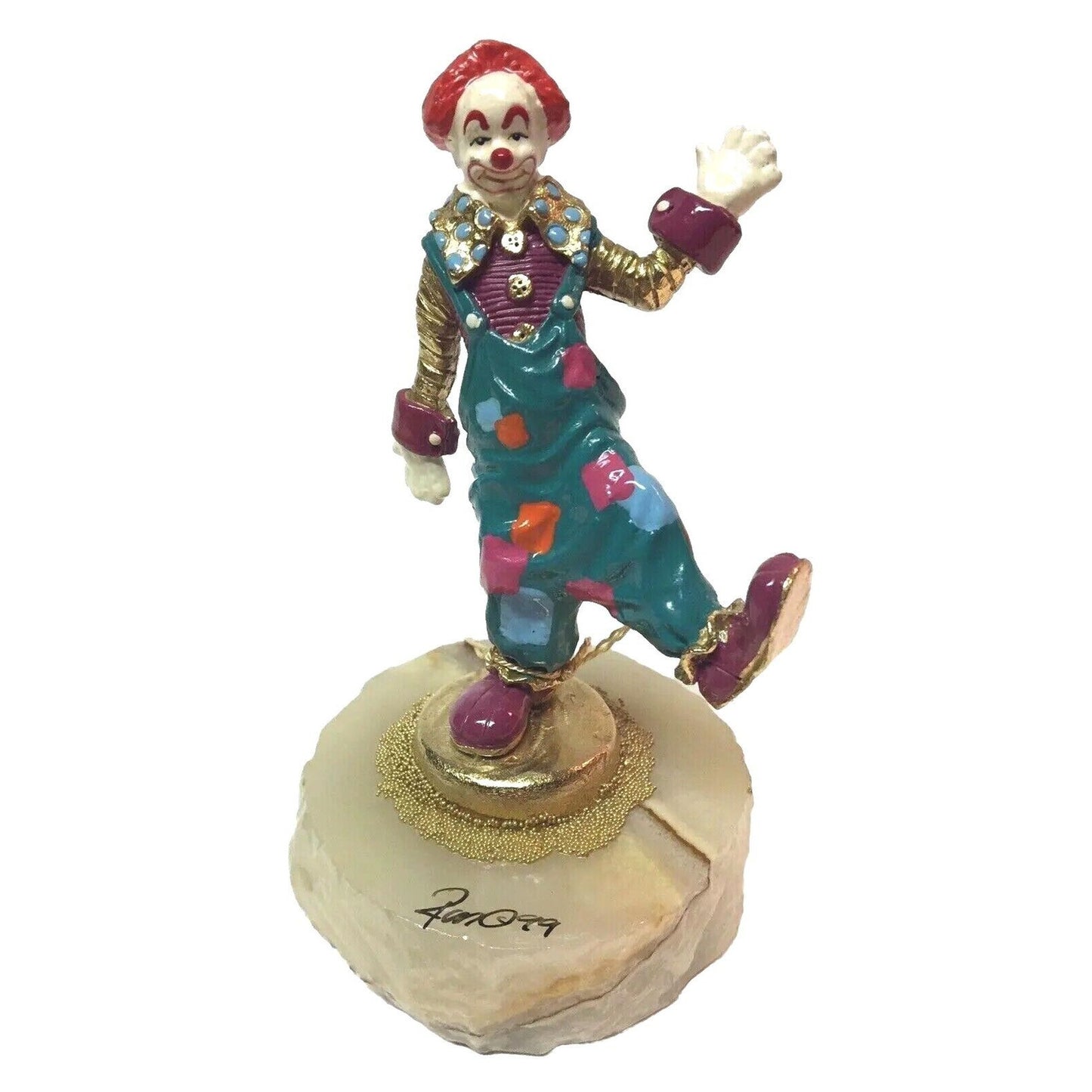 Ron Lee Signed Clown Figurine, Bronze Enamel on Onyx, 1999