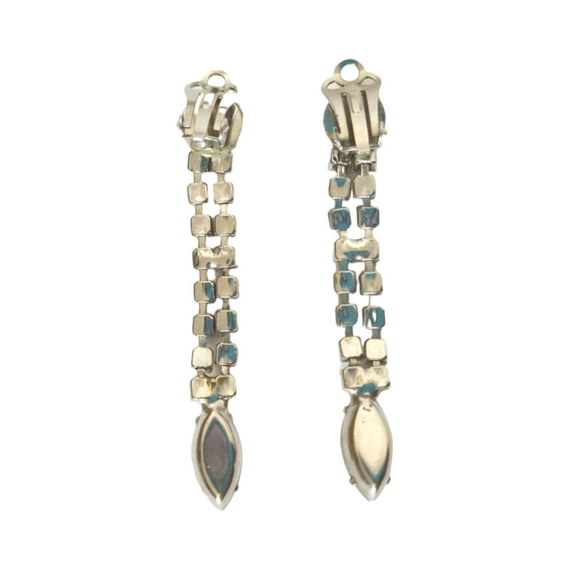 Vintage Marquise & Round Cut Rhinestone Dangle Drop Earrings Silver Tone Clip On