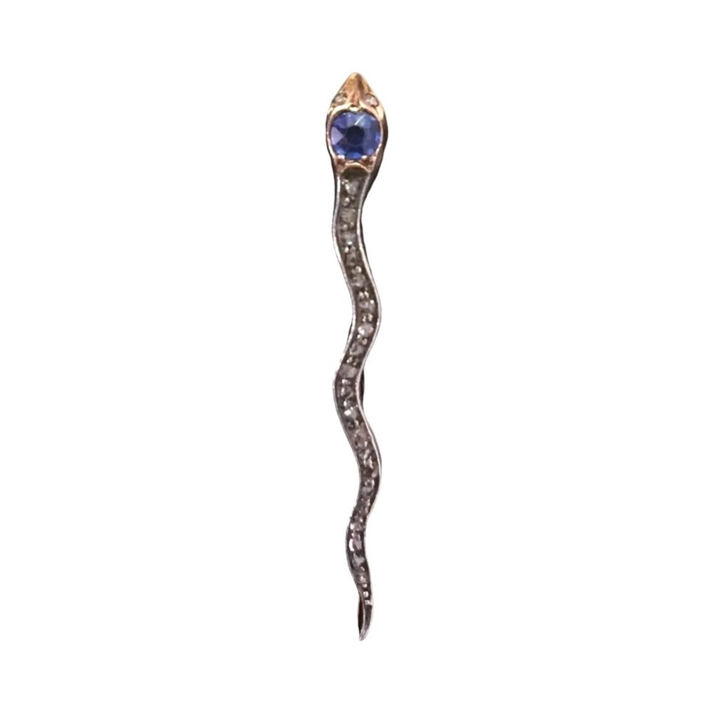 Antique Snake Brooch Pin Round Cut Blue Sapphire Diamonds 14K White/Yellow Gold