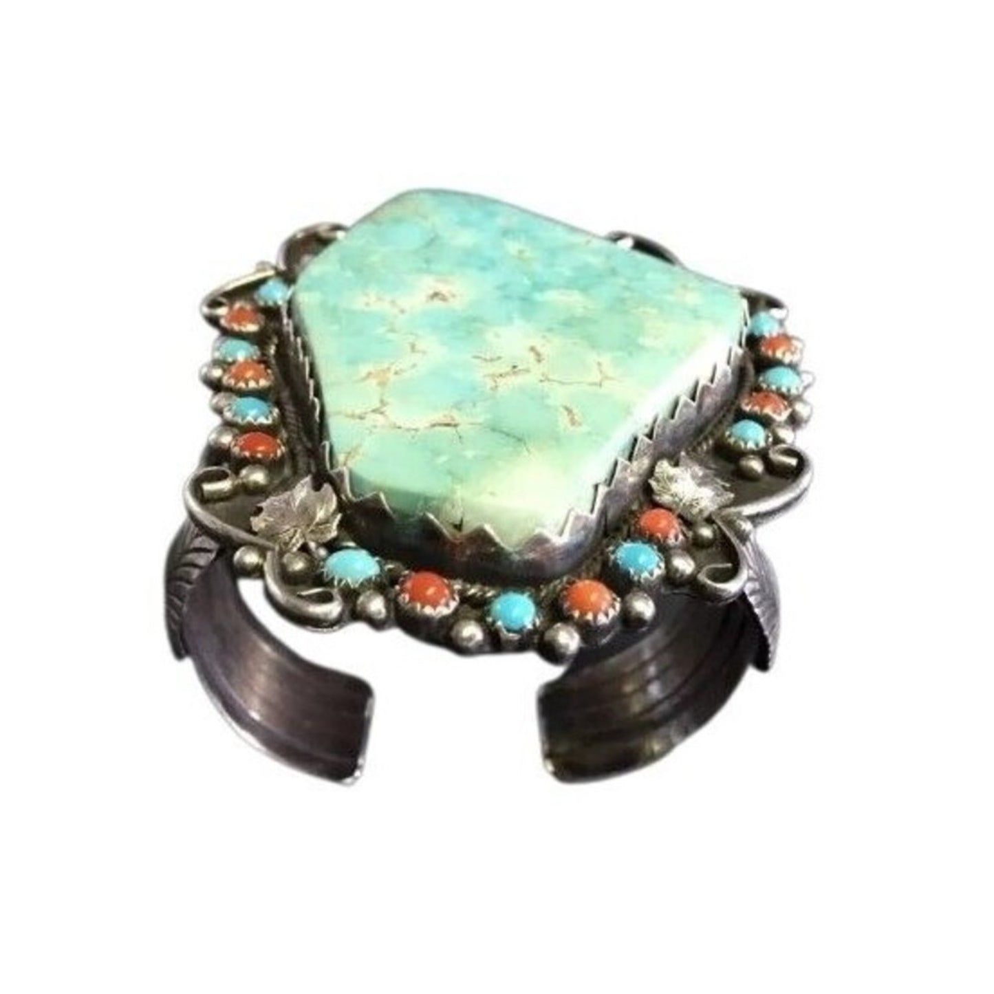 Antique Cuff Bracelet Green Turquoise Coral Sterling Silver Navajo Native Signed