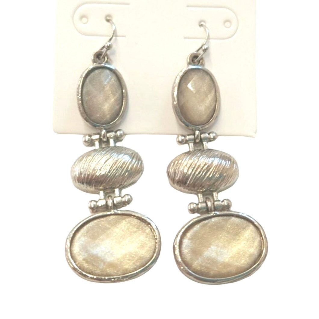 Vintage Oval Cut Foiled Glass Triple Drop Dangle Earrings Silver Tone Hook