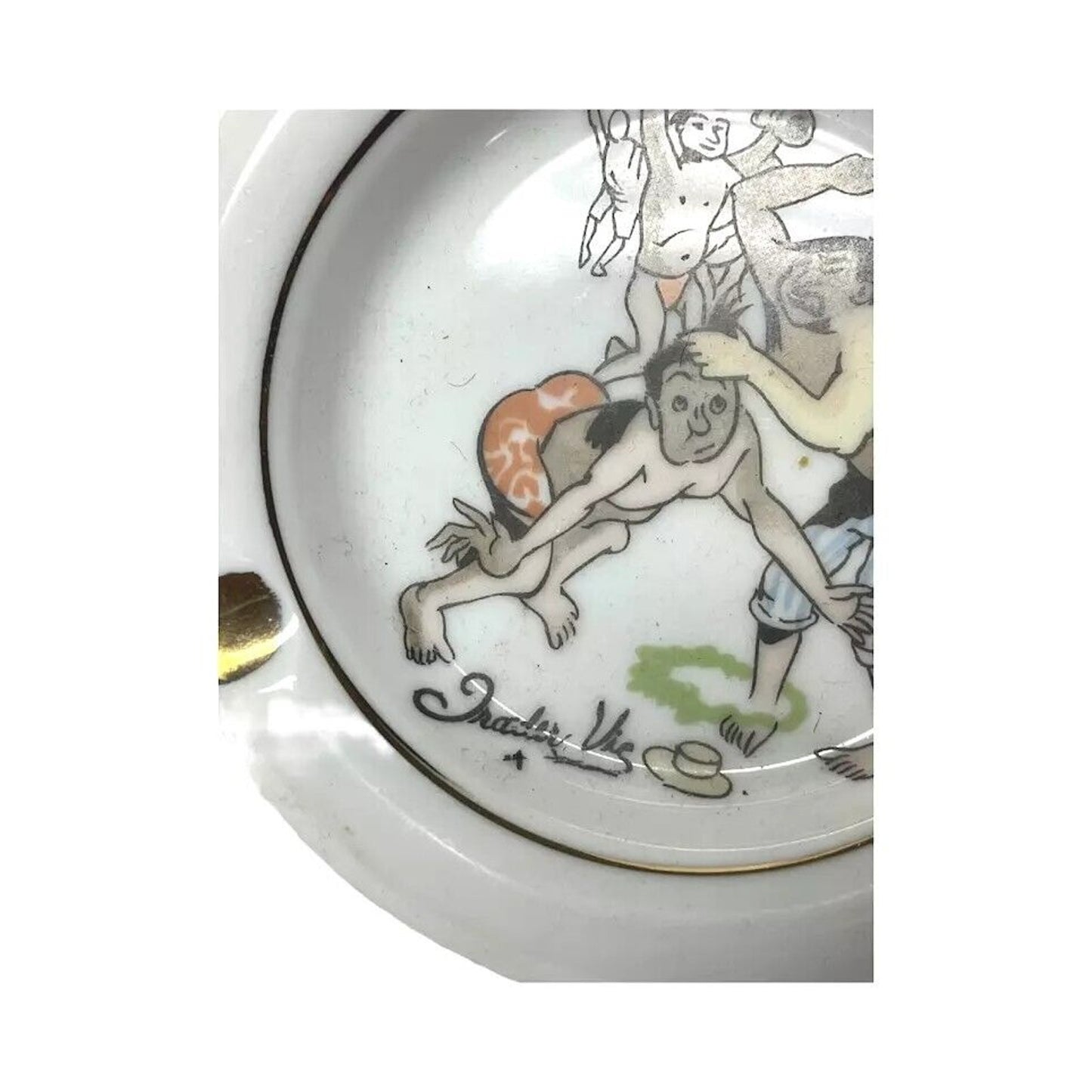 Trader Vic Ashtray Tiki bar MCM Vintage Kitschy Souvenir Men fighting Porcelain