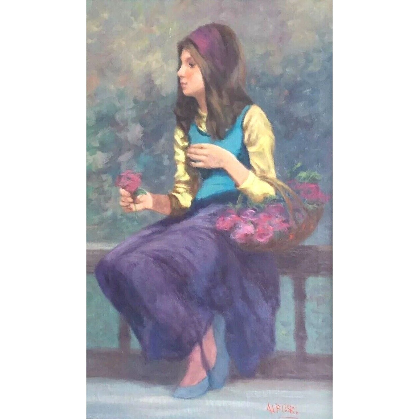 Painting Philippe Alfieri Girl With Roses Oil On Canvas Signed 1960s Italian