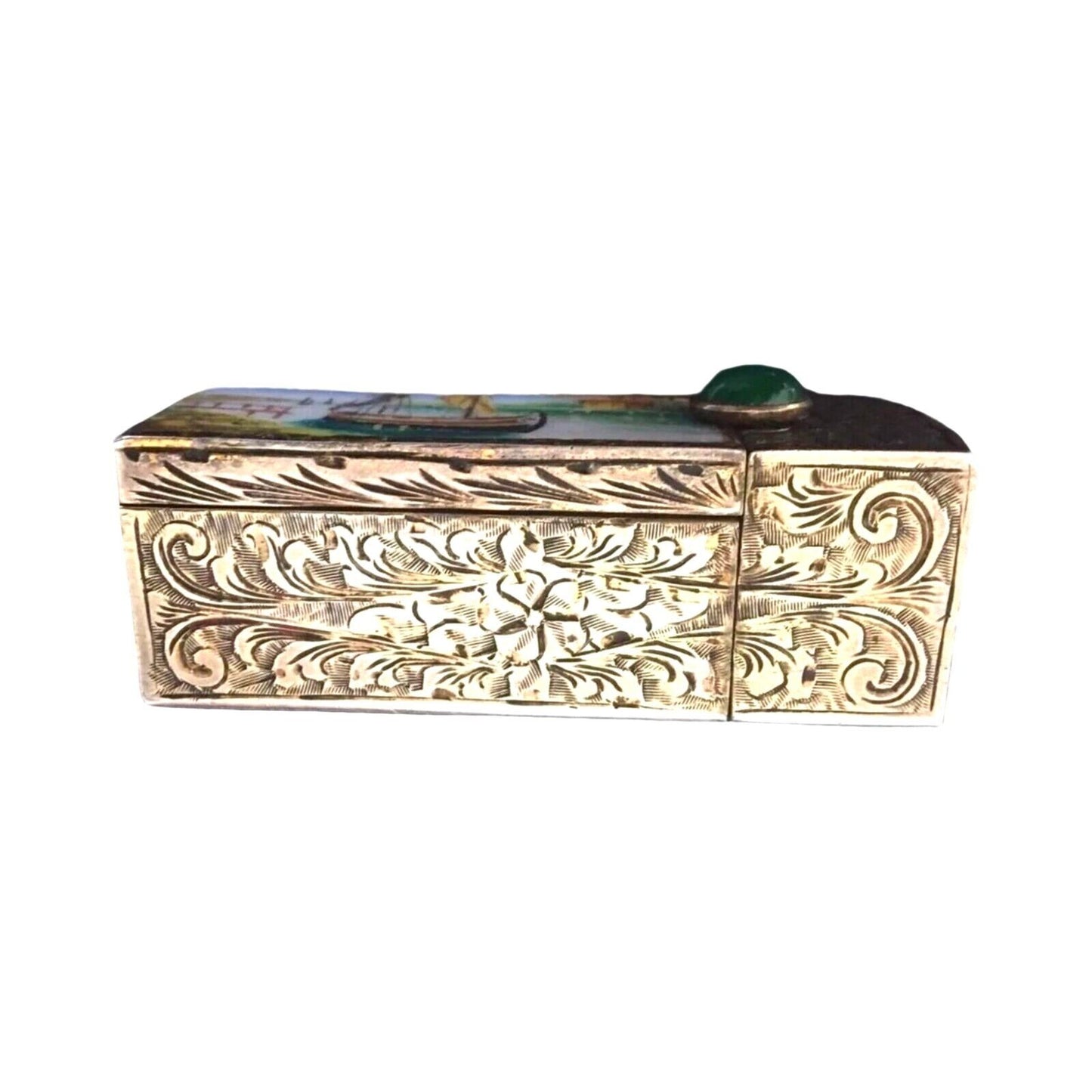 Antique Lipstick Case Cabochon Jade Repousse 800 Silver Enamel Boat Mirror