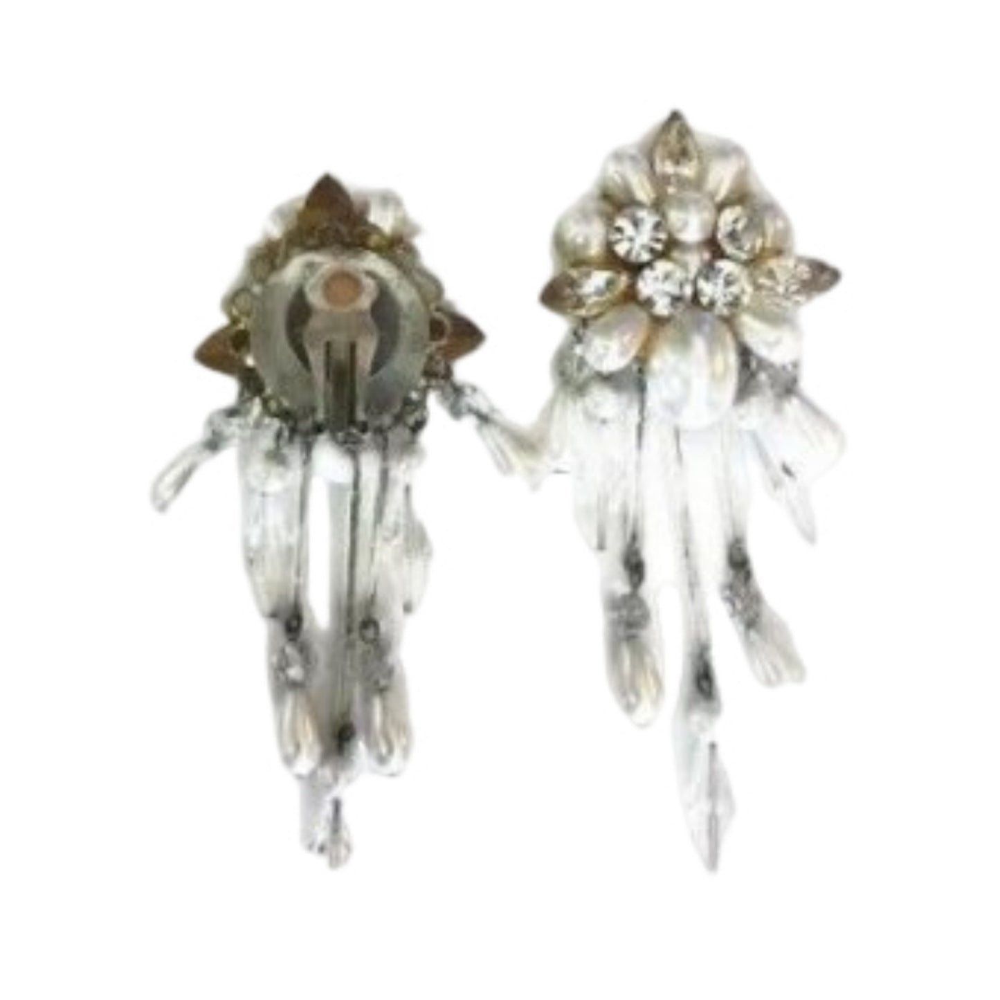 Vintage Clear Rhinestone Faux Pearls Dangle Chandelier Earrings Clip On