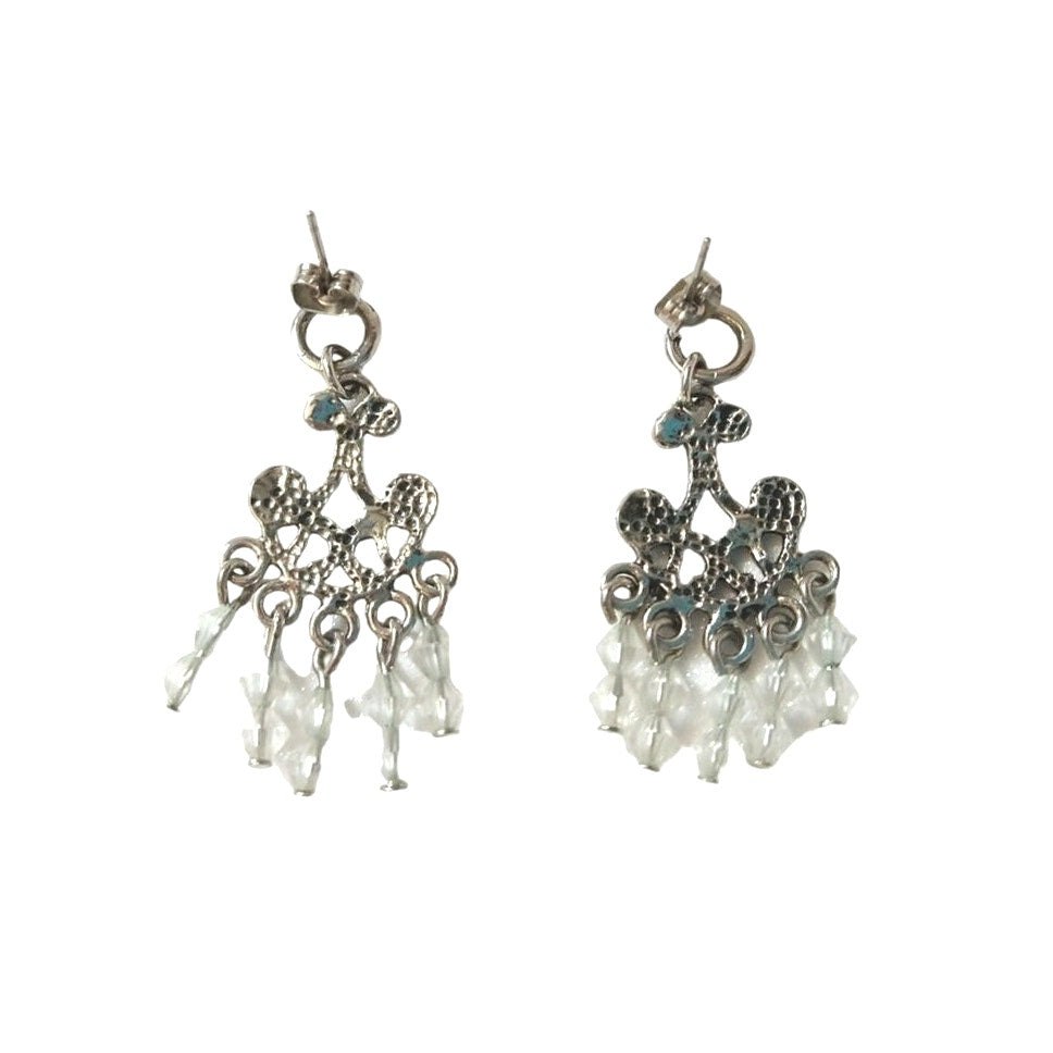 Vintage White Beads Chandelier Dangle Earrings Silver Tone Post Screw