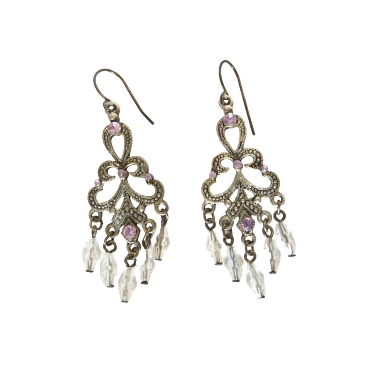 Vintage Oval Cut Pink Rhinestones Dangle Chandelier Earrings Silver Tone Hook
