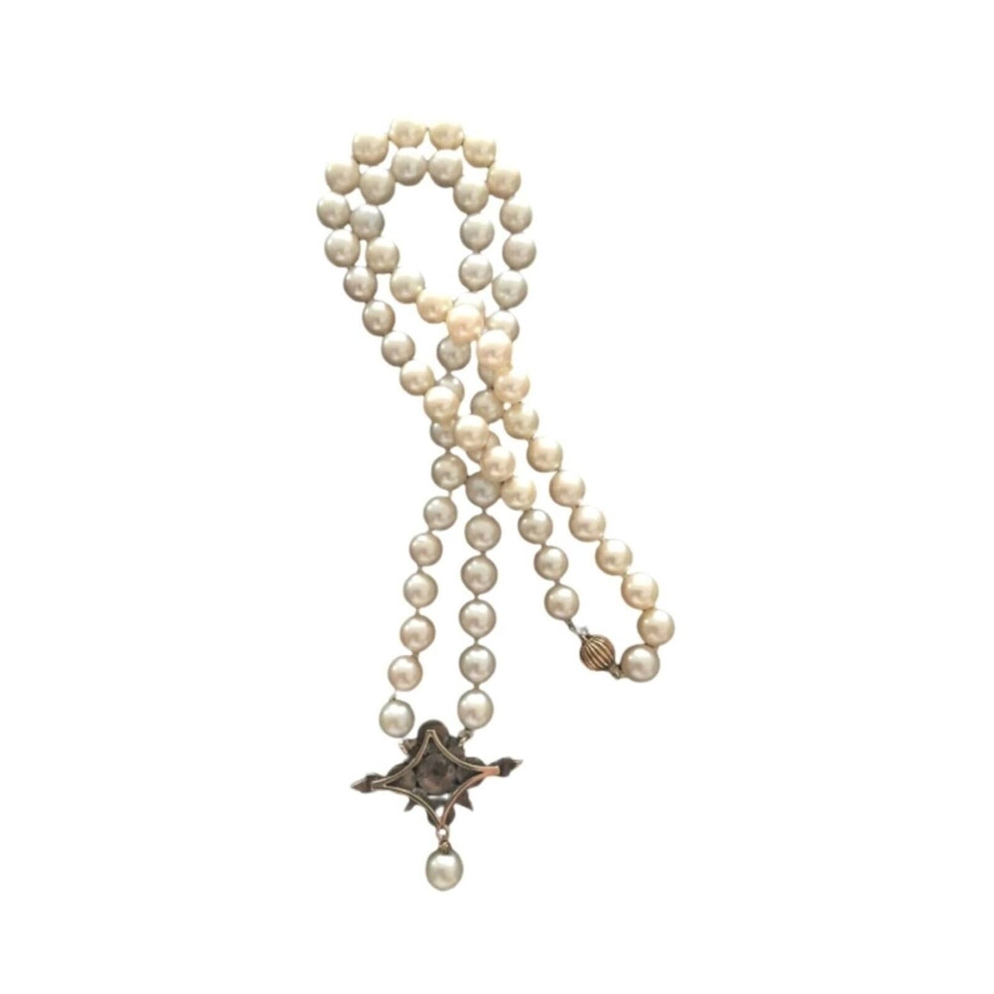 Antique Natural Pearl Necklace Rose Cut Diamonds 14K Gold Silver Victorian 1880s