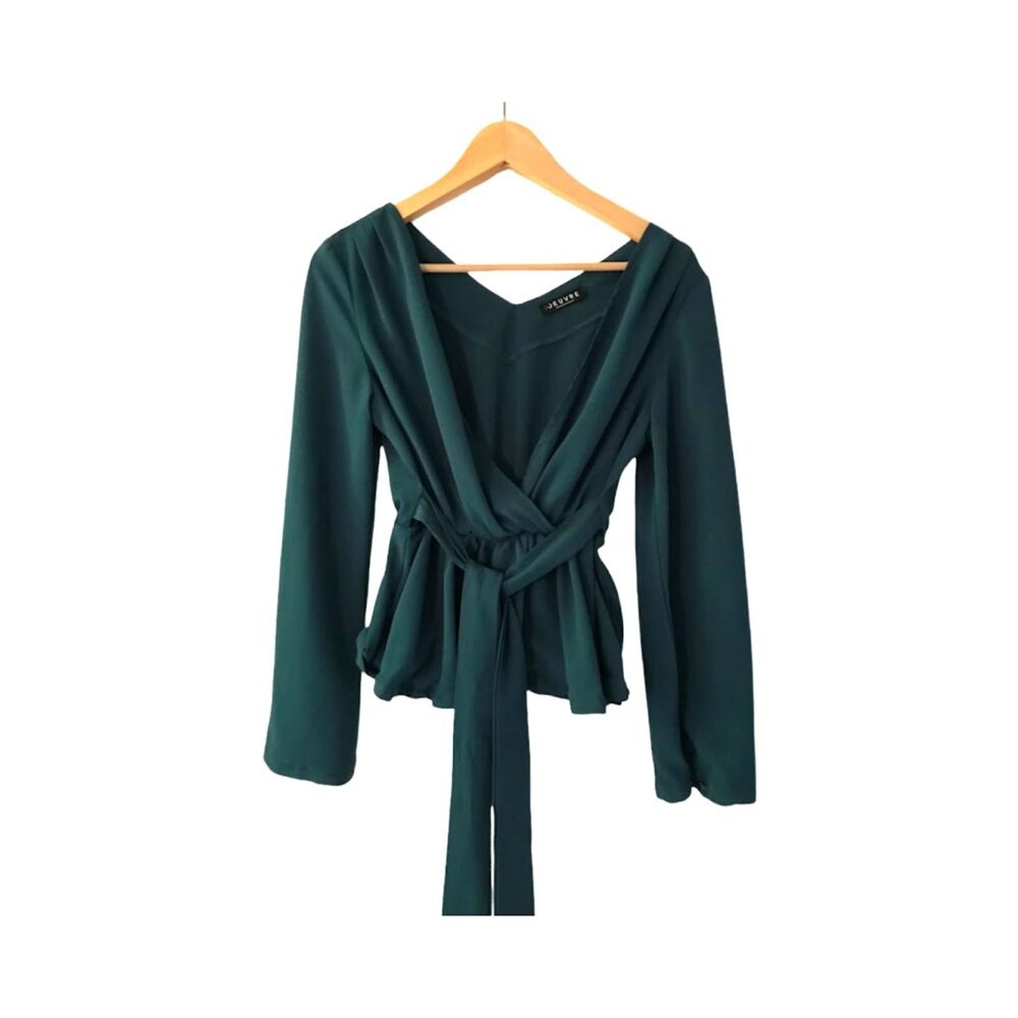 Oeuvre Women`s Top Blouse V-neck Bow Long Sleeve Dark Green Sz S