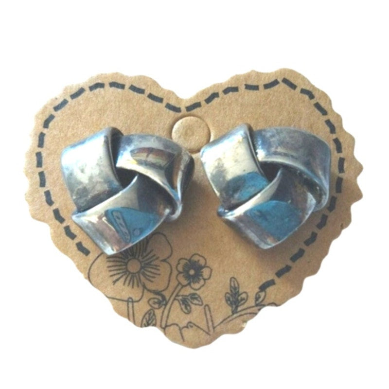 Vintage Infinity Ribbon Knot Stud Earrings Silver Tone Post Screw