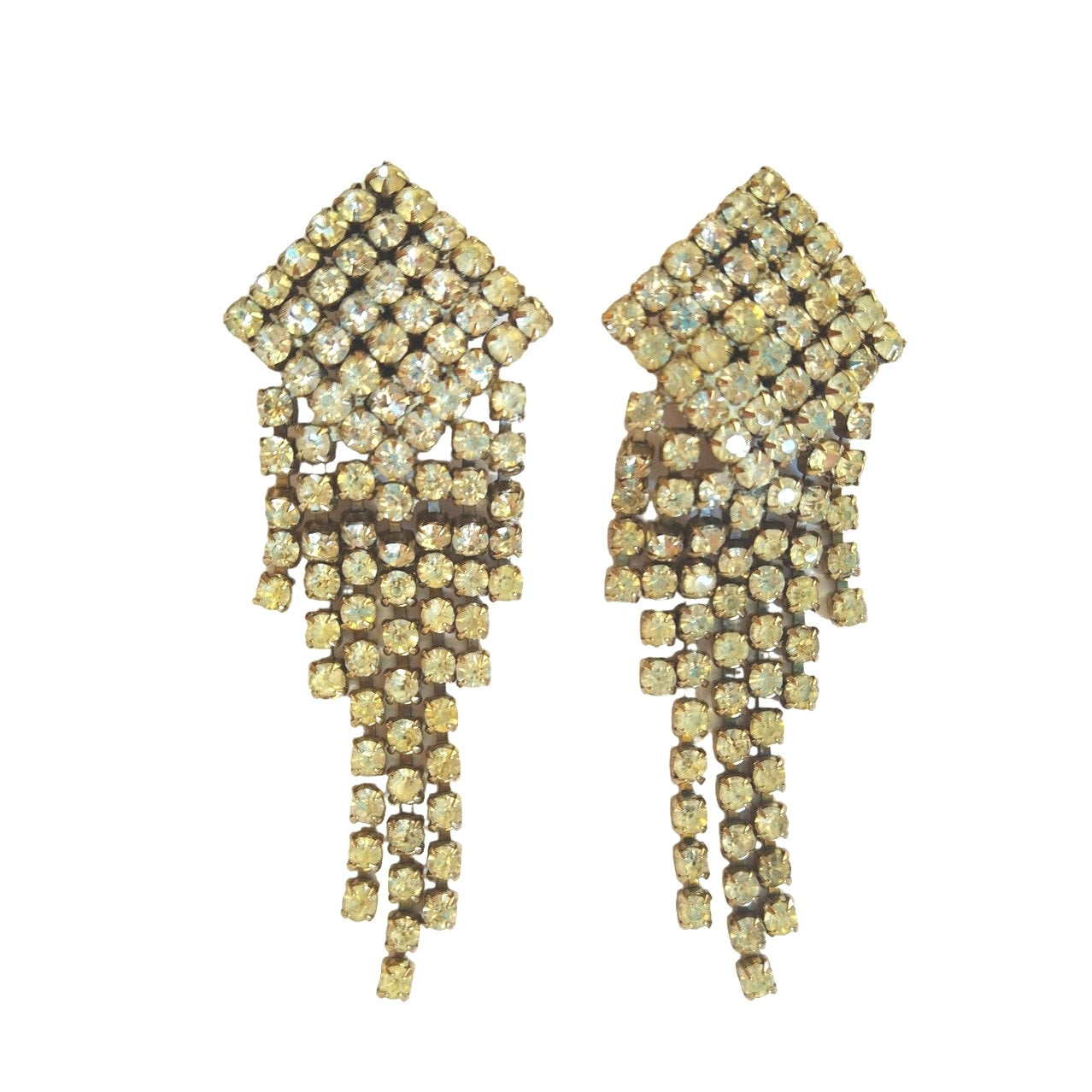 Vintage Sparkle Clear Rhinestone Chandelier Dangle Earrings Silver Tone Clip On