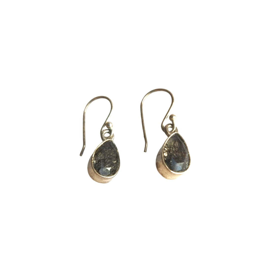 Rare Pear Cut Black Rutilated Tourmalinated Quartz Sterling Silver Earrings 925