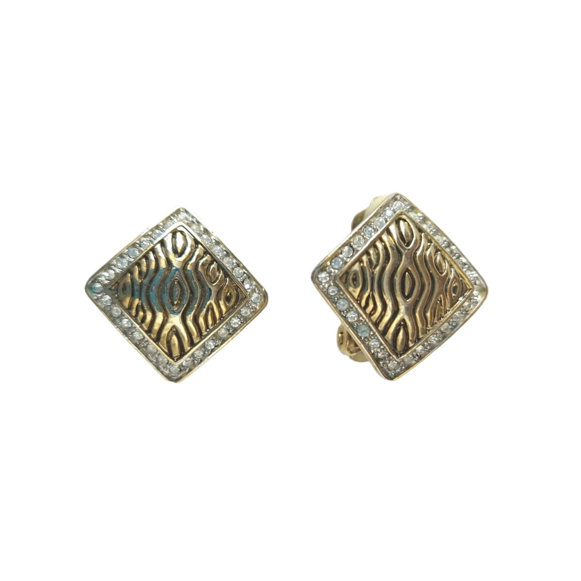 Vintage Women's Earrings Gold Plated Rhinestones Square Clip On Estate Jewelry
