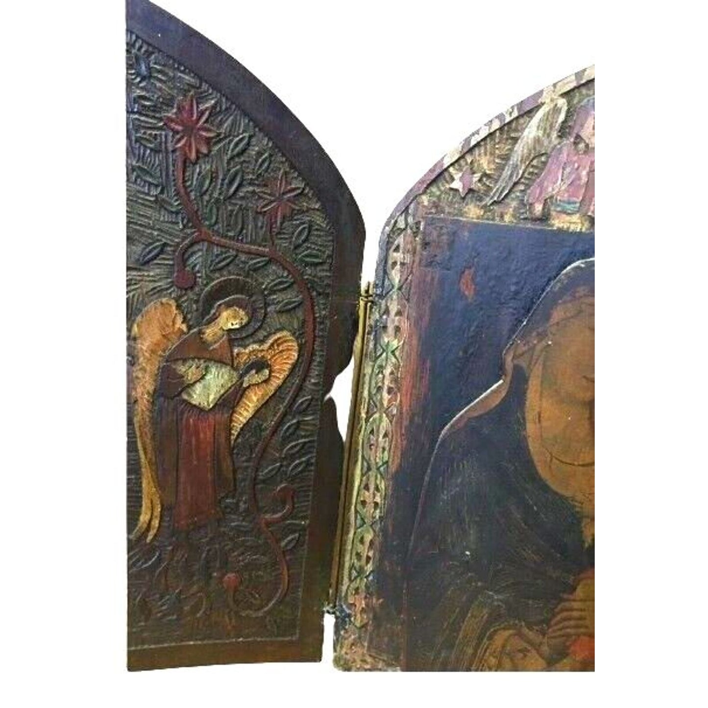 Antique Russian Christian Orthodox Triptych Icon Mother Virgin Madonna Jesus