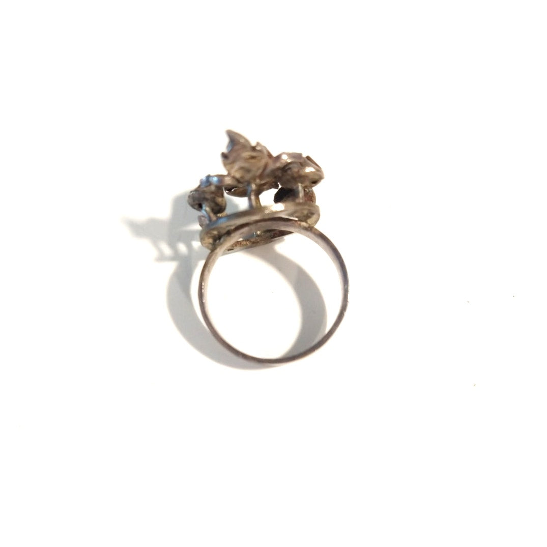 Victorian Antique Austrian Branch Brooch Ring Set Rose Cut Diamond Silver Leaf