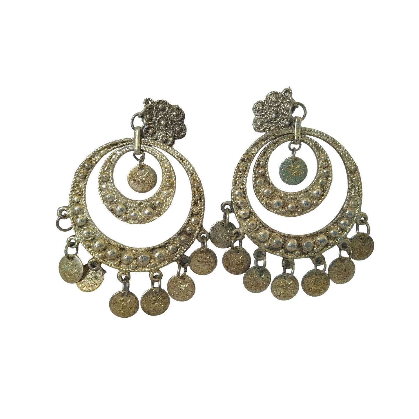 Vintage Arabic Coin Chandelier Earrings Dangle Clip On Oriental Silver Tone